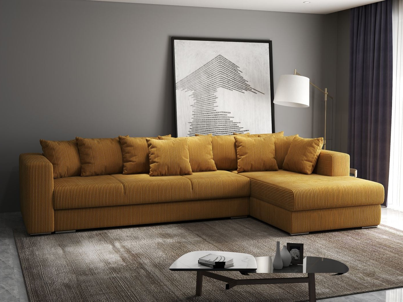 Colțar extensibil dumonde cu ladă de depozitare si sezut confortabil din spuma HR, Gloria Zoom Mustar II 320x183 cm Fabrica