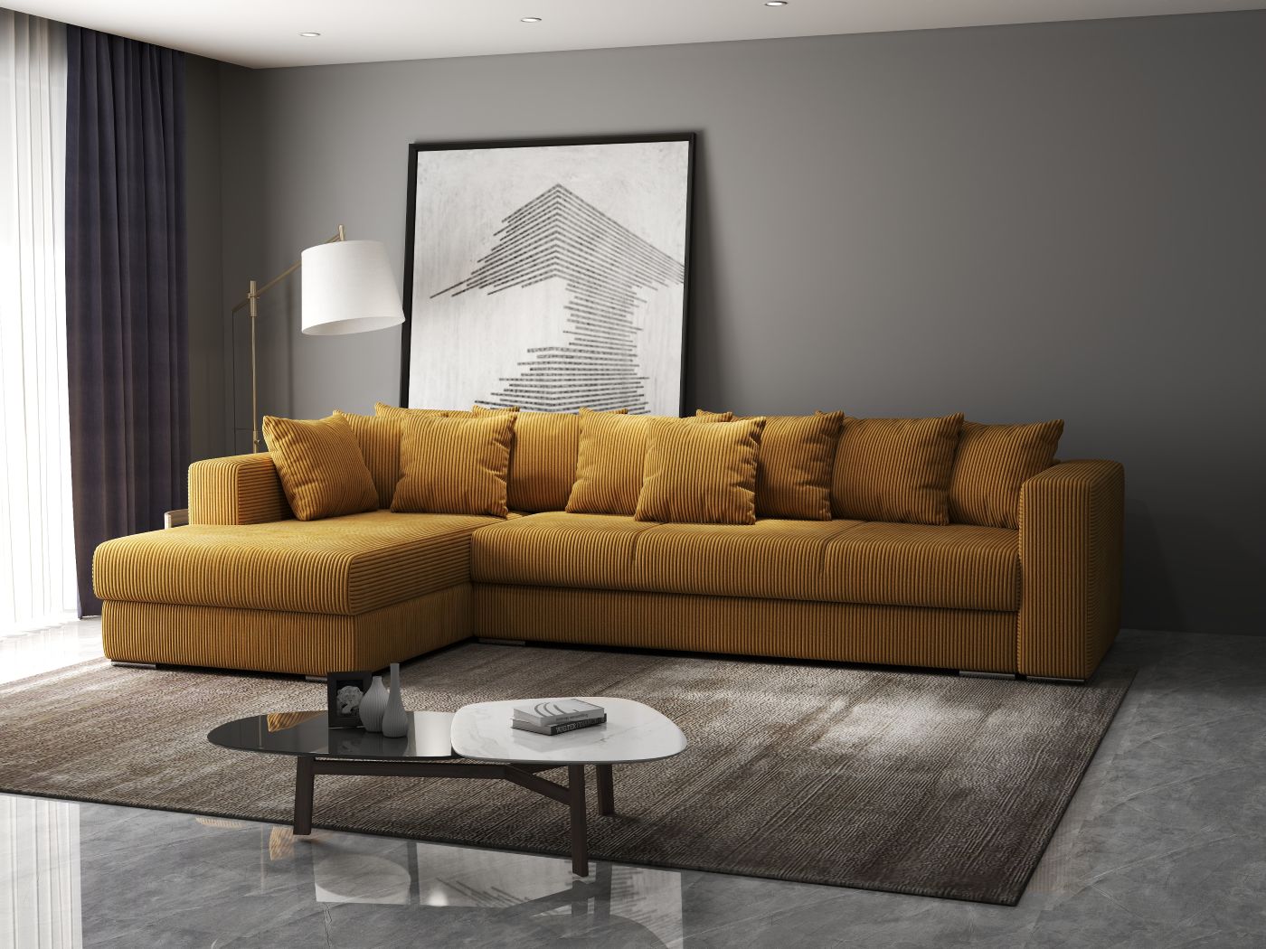 Colțar extensibil dumonde cu ladă de depozitare si sezut confortabil din spuma HR, Gloria Zoom Mustar 320x183 cm Fabrica