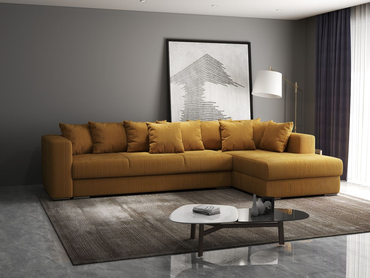 Colțar extensibil dumonde cu ladă de depozitare si sezut confortabil din spuma HR, Gloria Zoom Mustar II 320x183 cm Fabrica