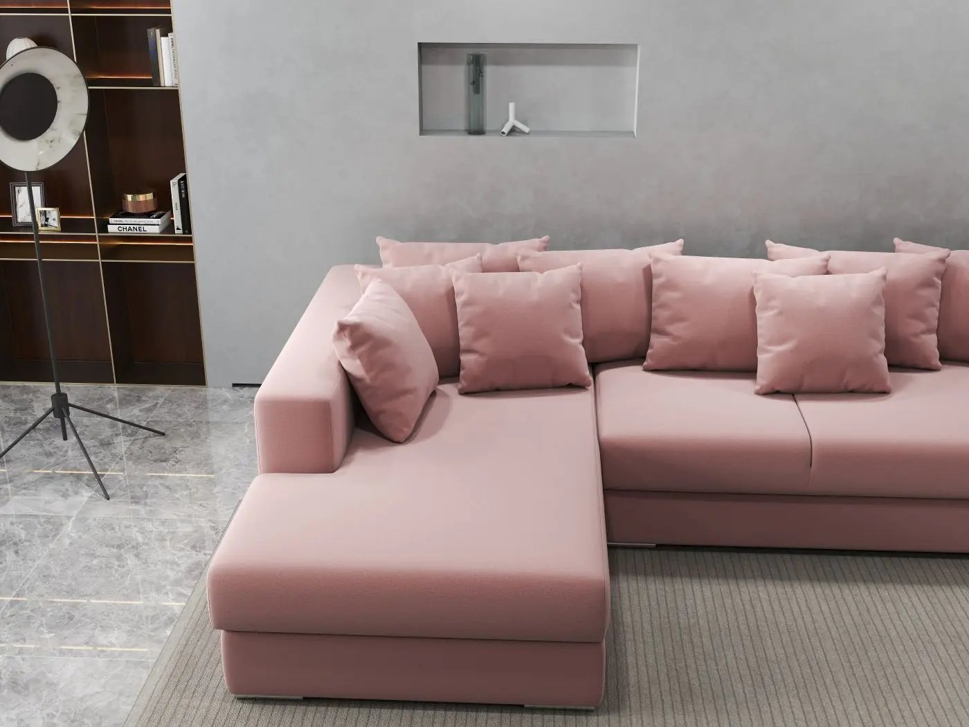Colțar extensibil dumonde cu ladă de depozitare si sezut confortabil din spuma HR, Gloria Royal Pink 320x183 cm Fabrica