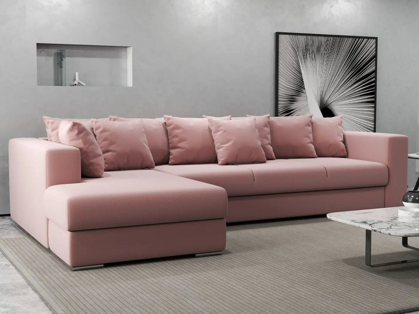 Colțar extensibil dumonde cu ladă de depozitare si sezut confortabil din spuma HR, Gloria Royal Pink 320x183 cm Fabrica