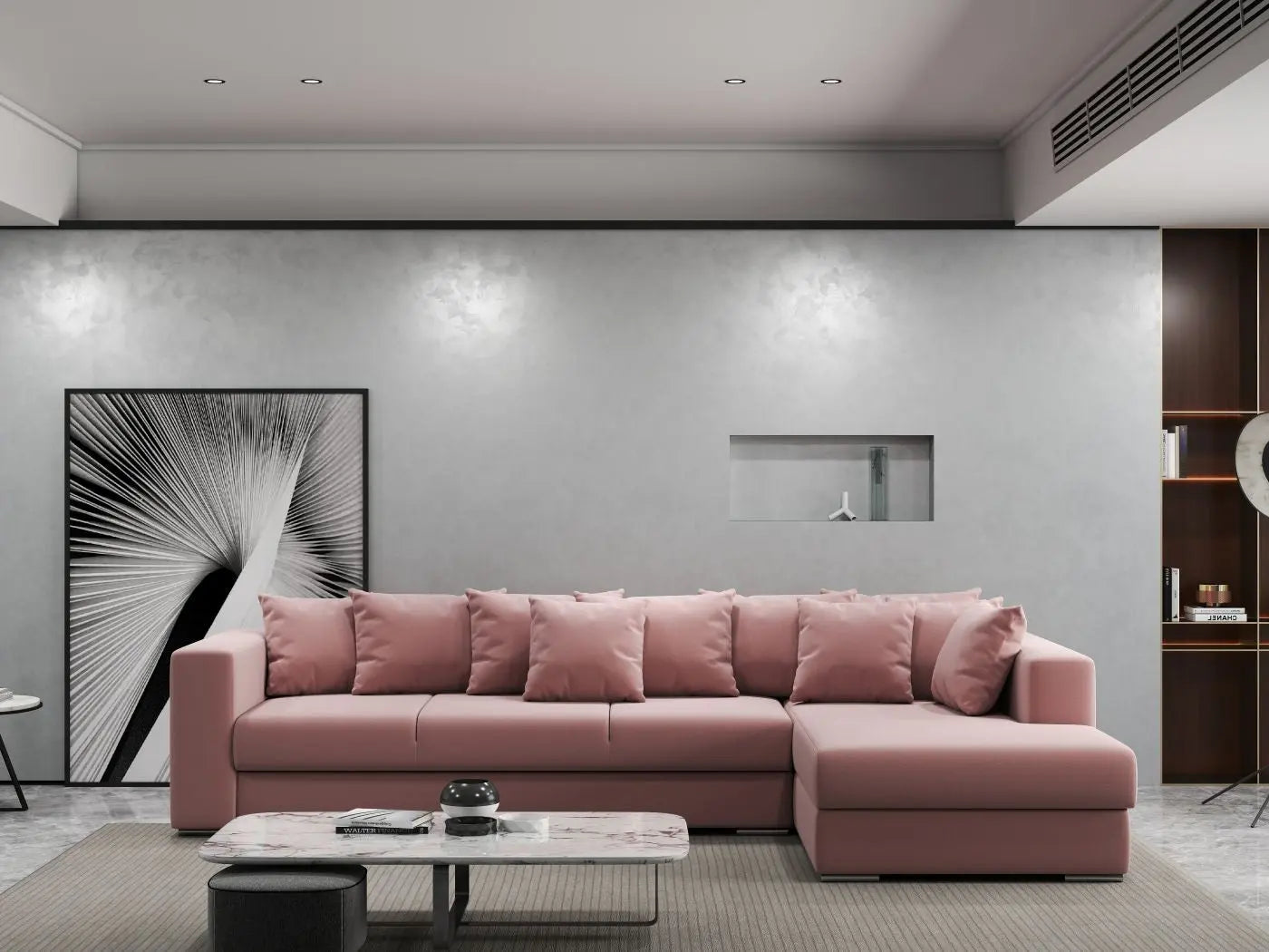 Colțar extensibil dumonde cu ladă de depozitare si sezut confortabil din spuma HR, Gloria Pink II 320x183 cm Fabrica