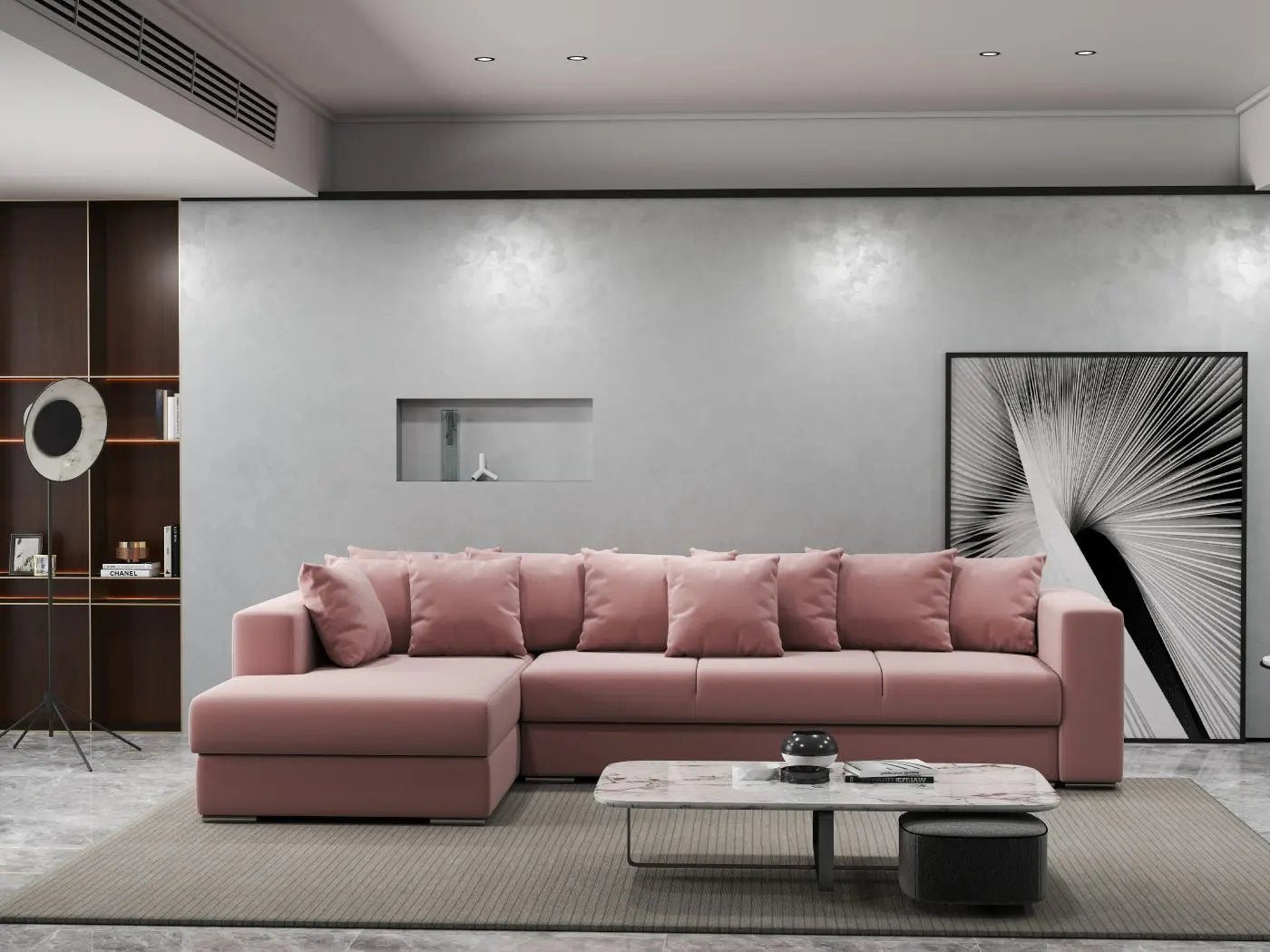 Colțar extensibil dumonde cu ladă de depozitare si sezut confortabil din spuma HR, Gloria Royal Pink 320x183 cm Fabrica