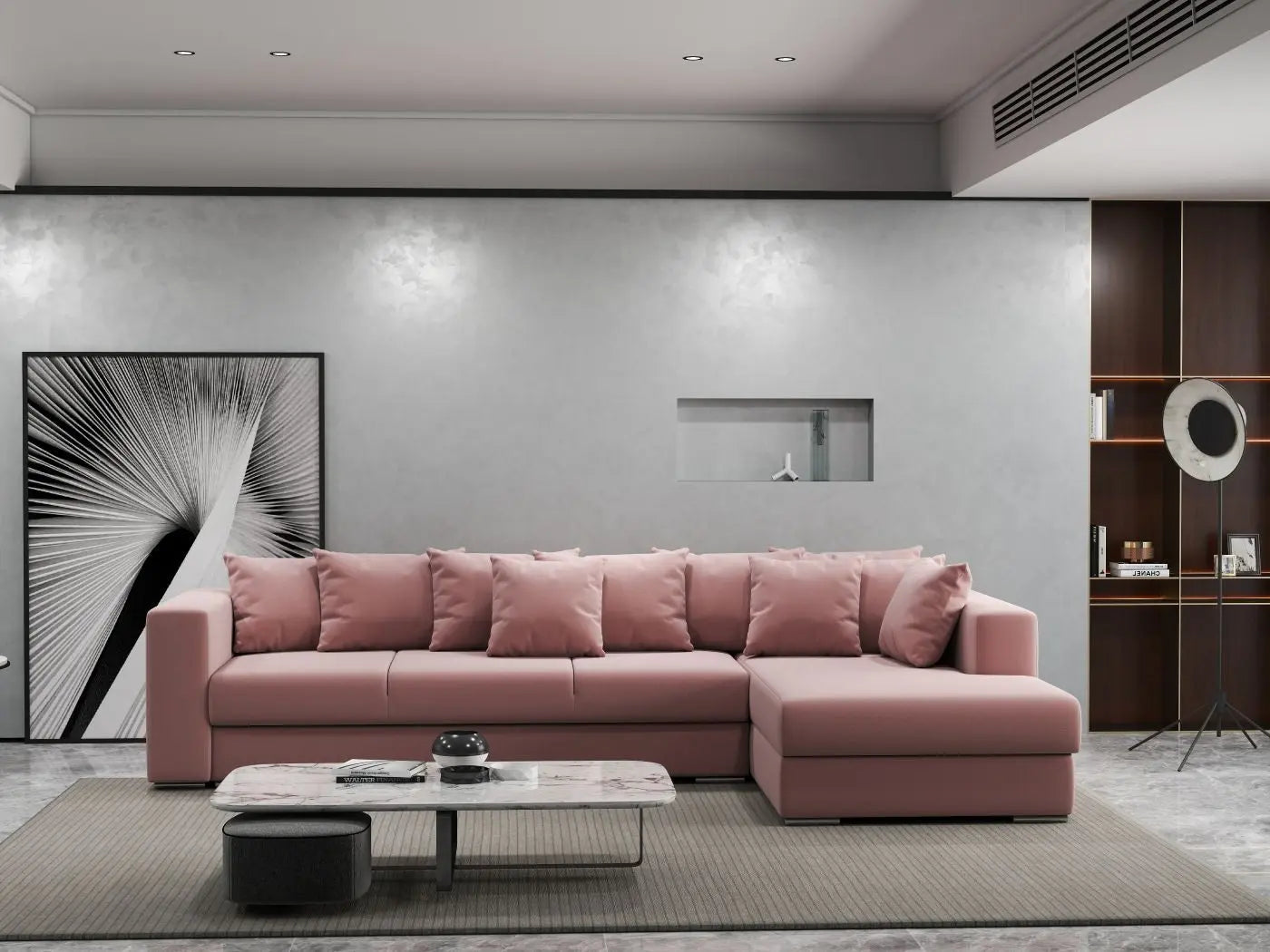 Colțar extensibil dumonde cu ladă de depozitare si sezut confortabil din spuma HR, Gloria Pink II 320x183 cm Fabrica