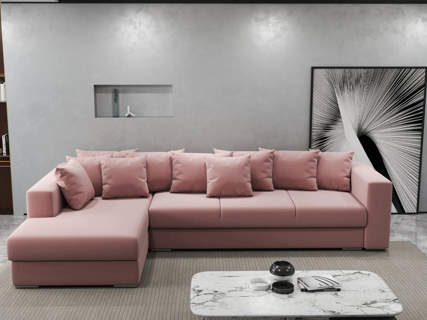 Colțar extensibil dumonde cu ladă de depozitare si sezut confortabil din spuma HR, Gloria Royal Pink 320x183 cm Fabrica
