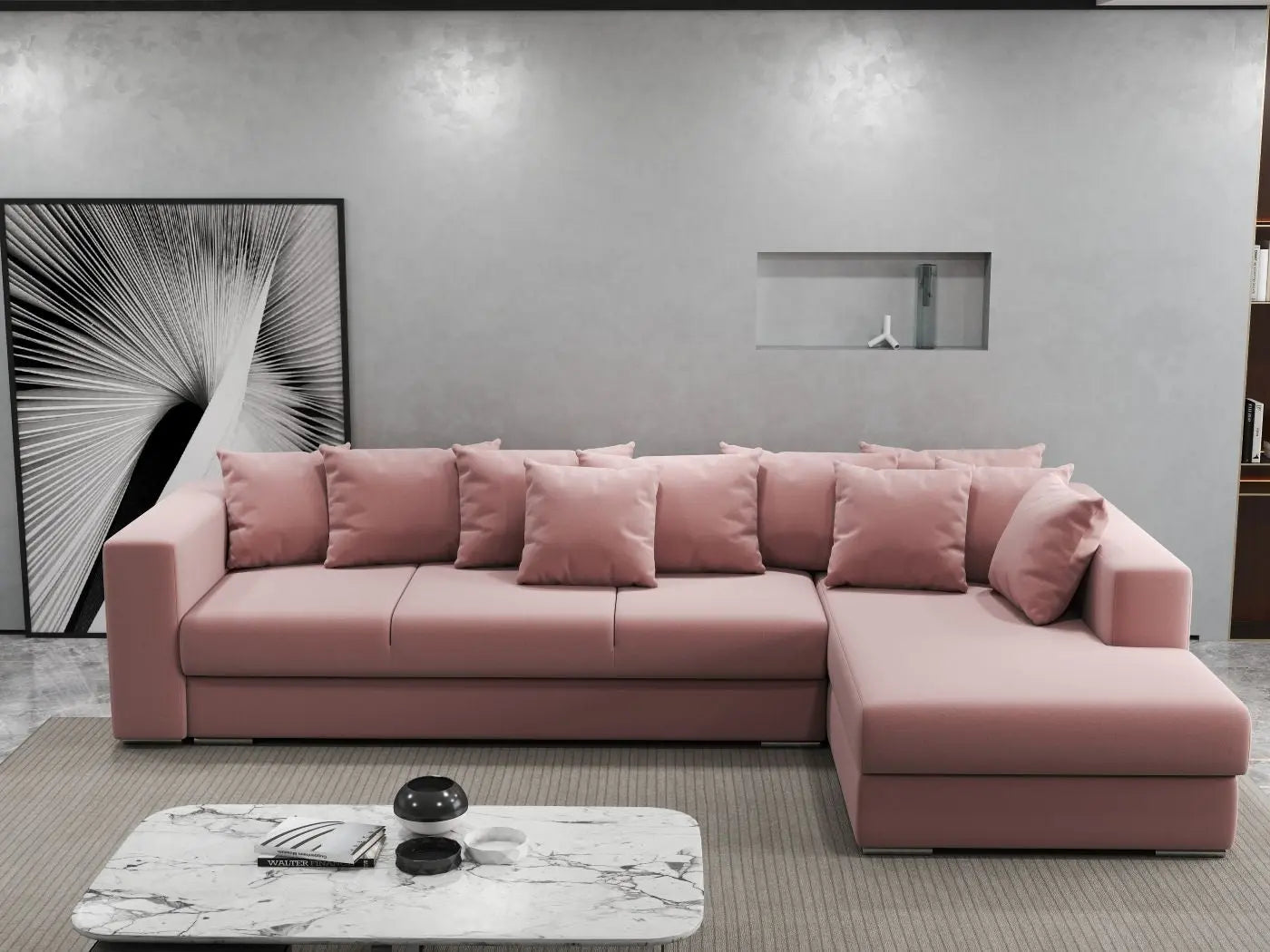 Colțar extensibil dumonde cu ladă de depozitare si sezut confortabil din spuma HR, Gloria Pink II 320x183 cm Fabrica