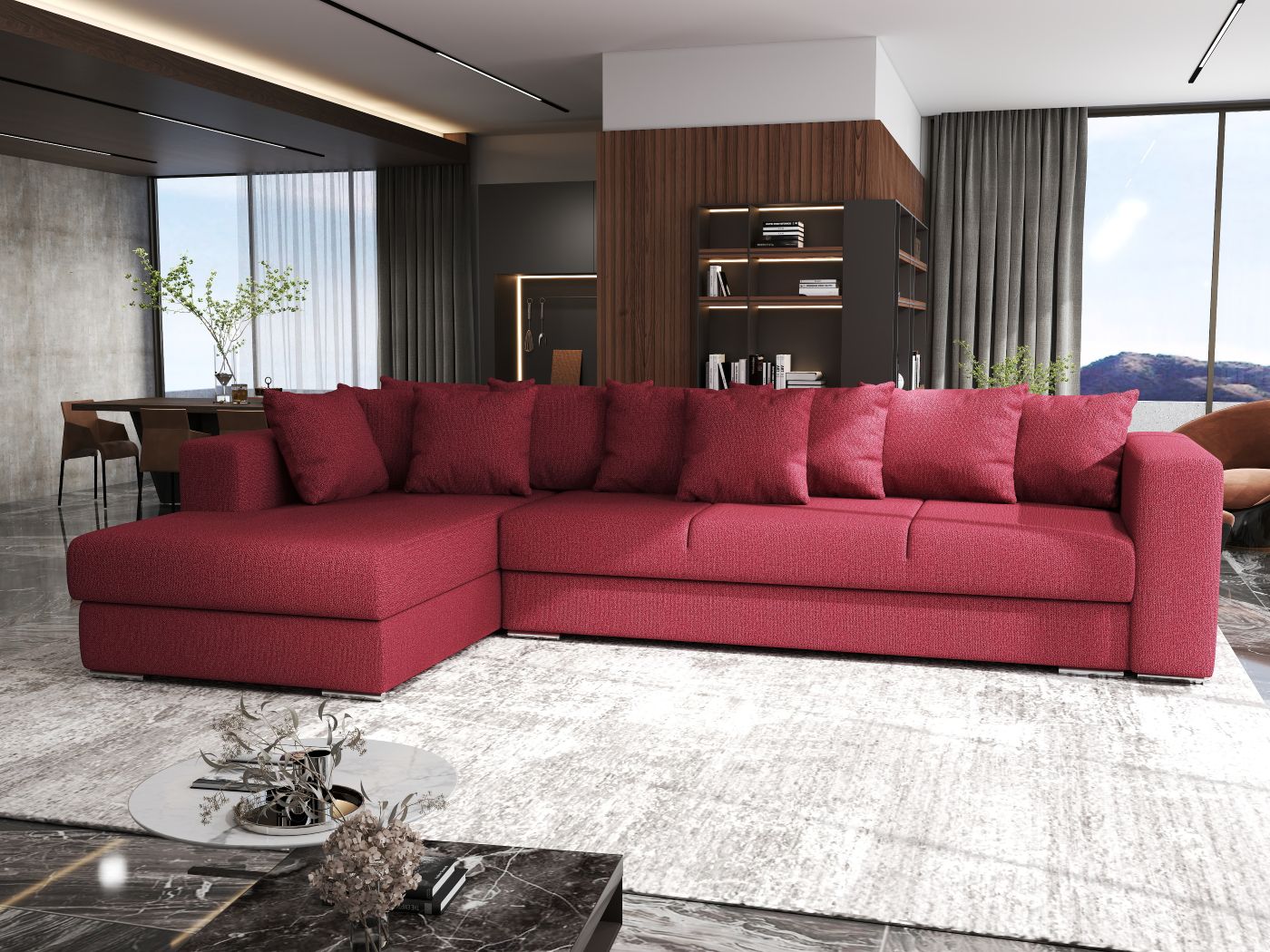 Colțar extensibil dumonde cu ladă de depozitare si sezut confortabil din spuma HR, Gloria Red 320x183 cm Fabrica