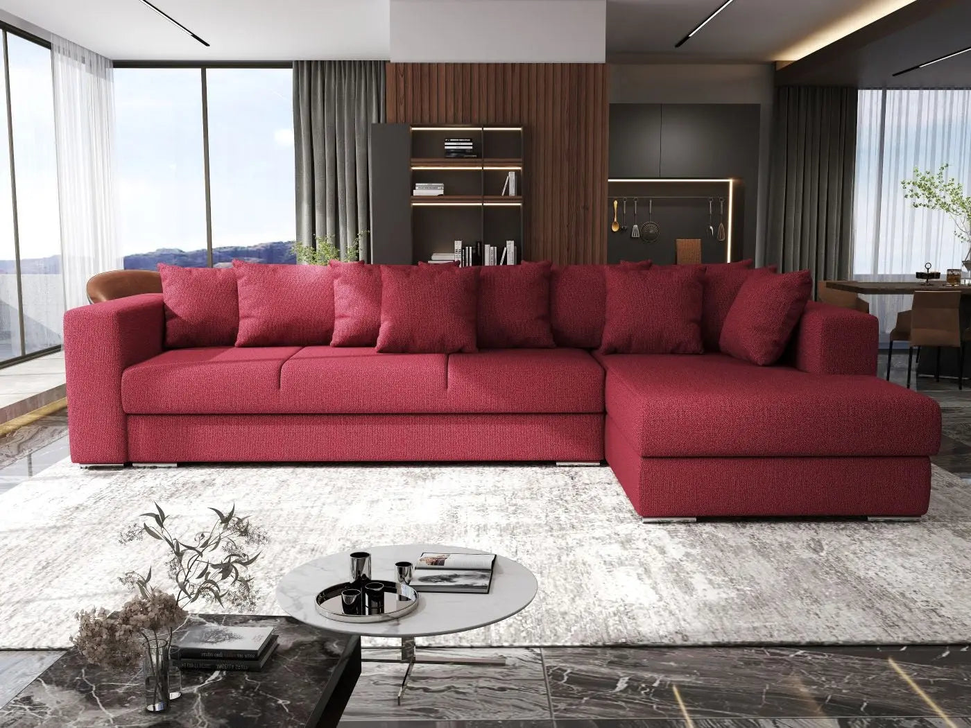 Colțar extensibil dumonde cu ladă de depozitare si sezut confortabil din spuma HR, Gloria Red II 320x183 cm Fabrica