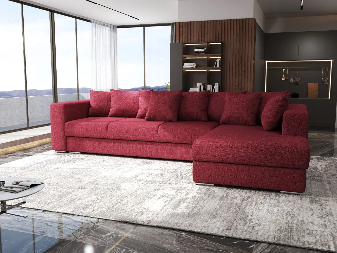 Colțar extensibil dumonde cu ladă de depozitare si sezut confortabil din spuma HR, Gloria Red II 320x183 cm Fabrica