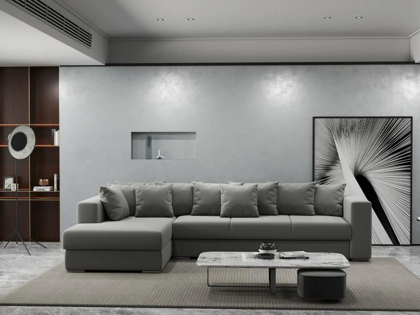 Colțar extensibil dumonde cu ladă de depozitare si sezut confortabil din spuma HR, Gloria Royal Grey 320x183 cm Fabrica