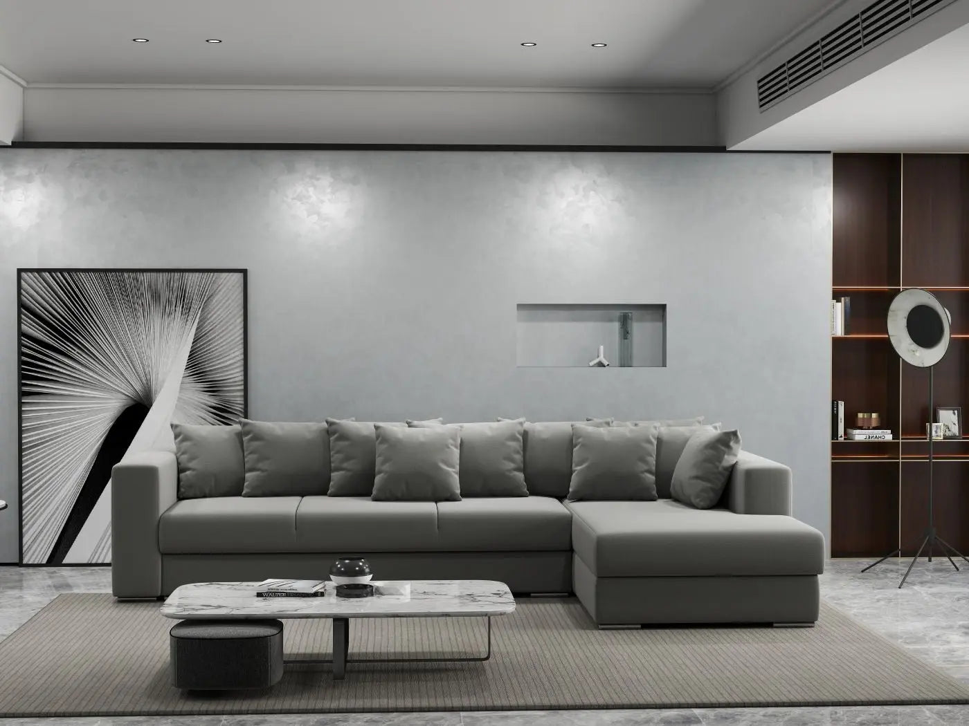 Colțar extensibil dumonde cu ladă de depozitare si sezut confortabil din spuma HR, Gloria Royal Grey II 320x183 cm Fabrica