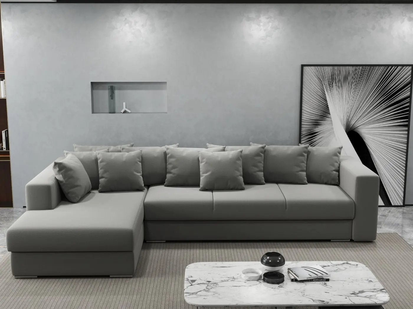 Colțar extensibil dumonde cu ladă de depozitare si sezut confortabil din spuma HR, Gloria Royal Grey 320x183 cm Fabrica