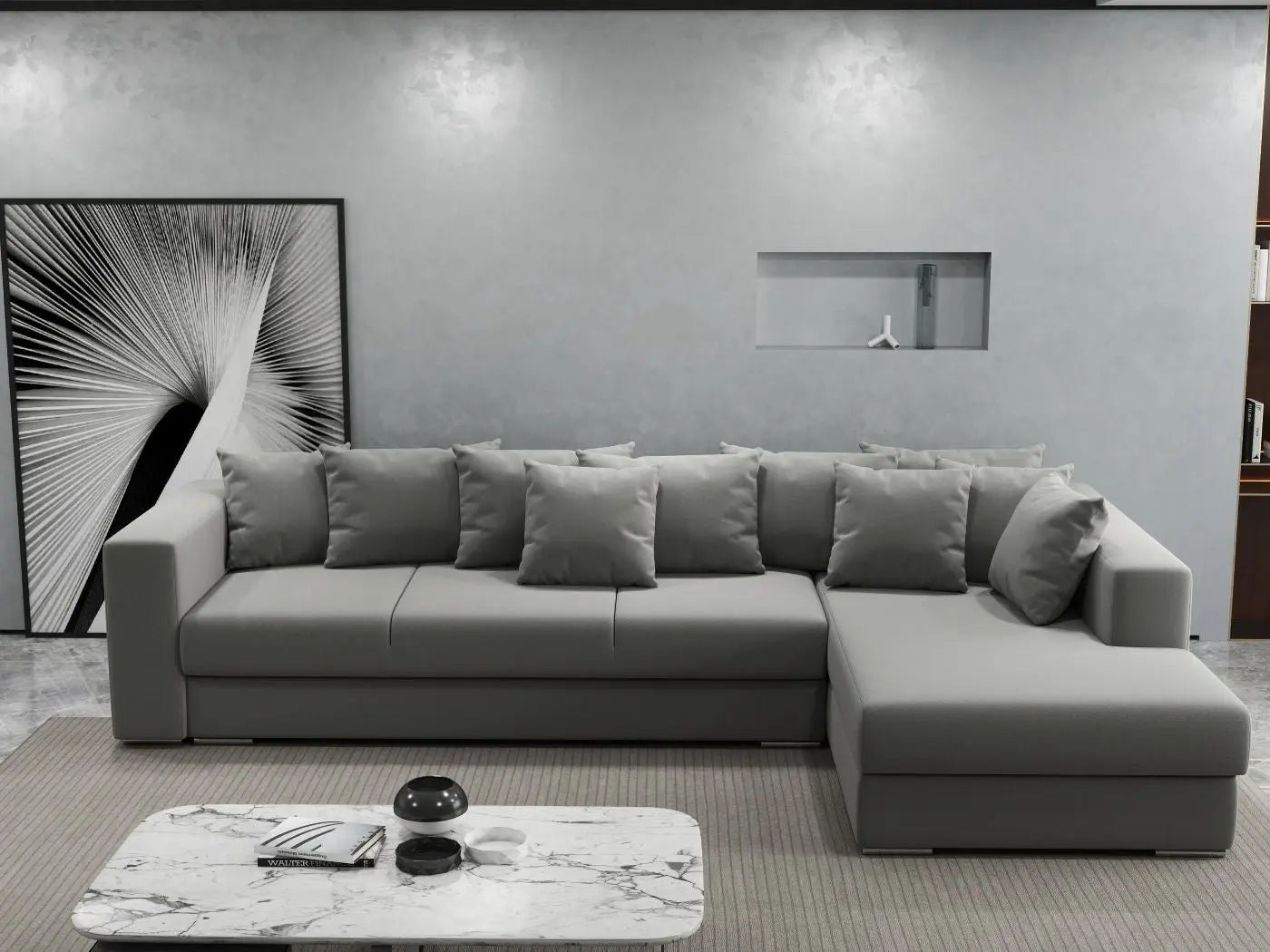 Colțar extensibil dumonde cu ladă de depozitare si sezut confortabil din spuma HR, Gloria Royal Grey II 320x183 cm Fabrica