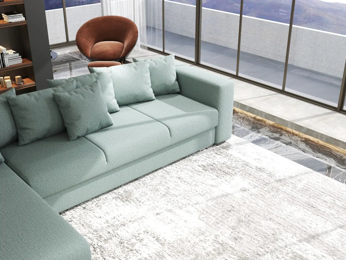 Colțar extensibil dumonde cu ladă de depozitare si sezut confortabil din spuma HR, Gloria Mint 320x183 cm Fabrica