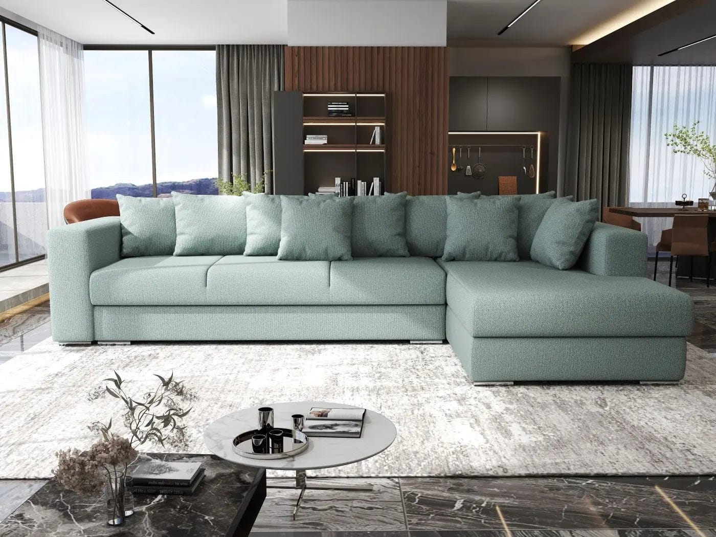 Colțar extensibil dumonde cu ladă de depozitare si sezut confortabil din spuma HR, Gloria Mint II 320x183 cm Fabrica