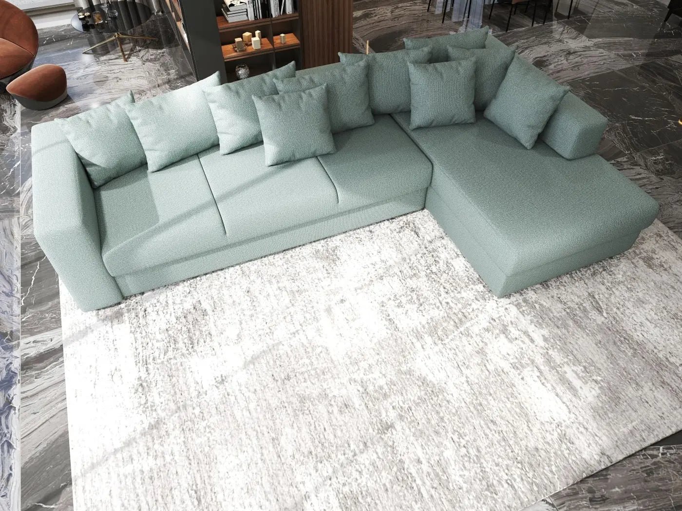 Colțar extensibil dumonde cu ladă de depozitare si sezut confortabil din spuma HR, Gloria Mint II 320x183 cm Fabrica