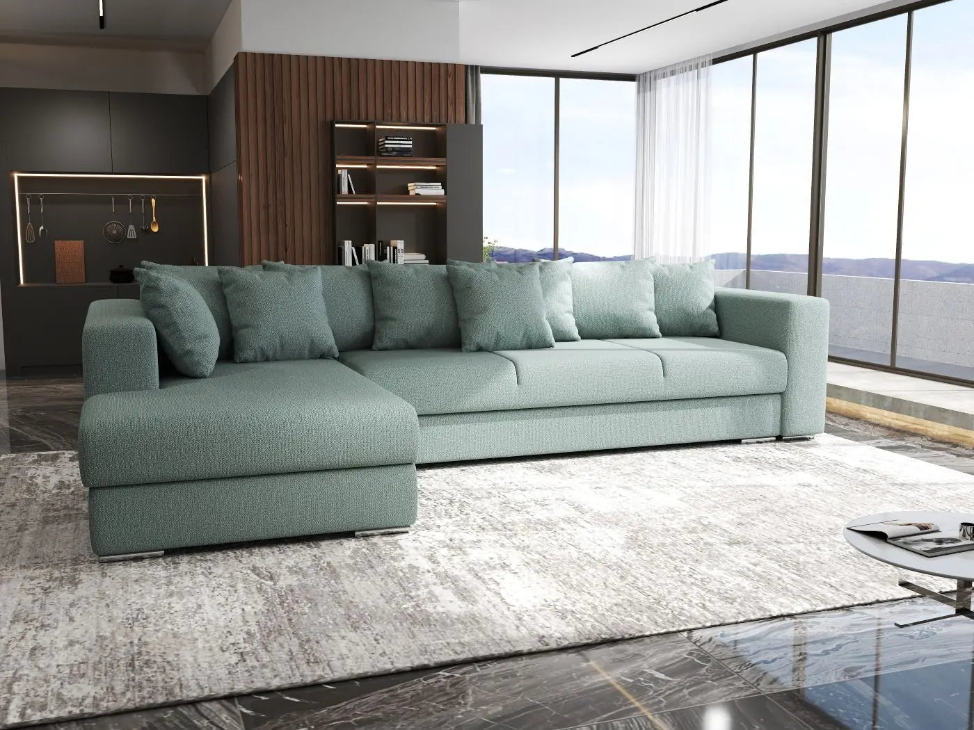 Colțar extensibil dumonde cu ladă de depozitare si sezut confortabil din spuma HR, Gloria Mint 320x183 cm Fabrica
