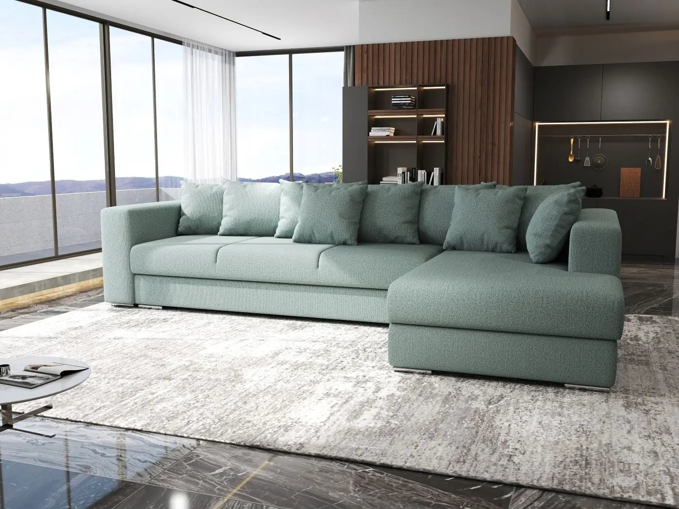 Colțar extensibil dumonde cu ladă de depozitare si sezut confortabil din spuma HR, Gloria Mint II 320x183 cm Fabrica