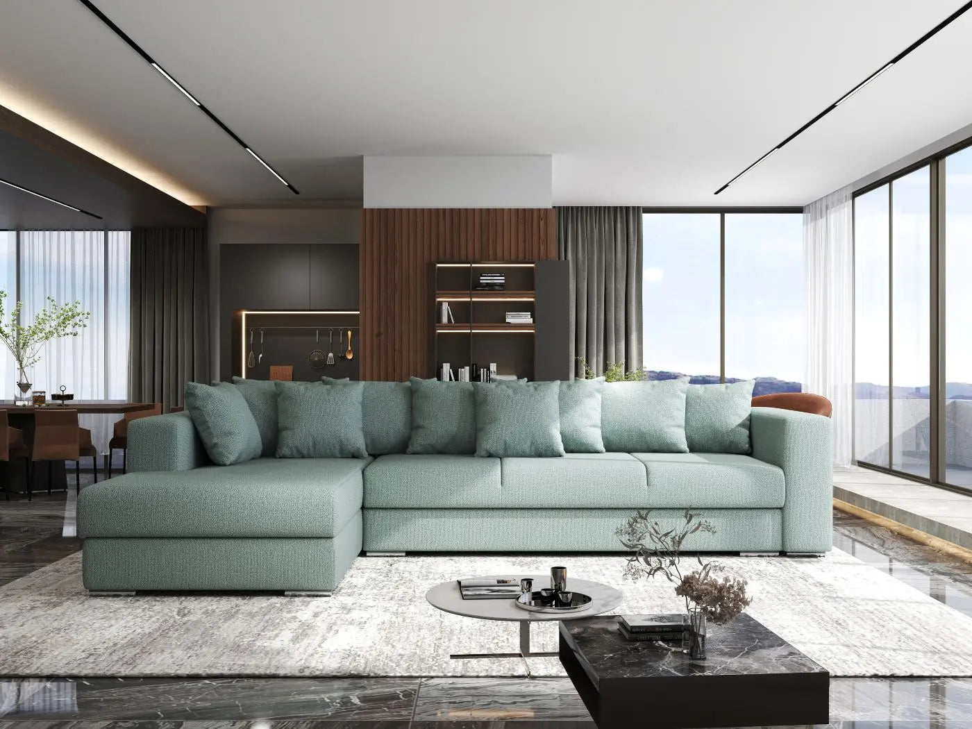 Colțar extensibil dumonde cu ladă de depozitare si sezut confortabil din spuma HR, Gloria Mint 320x183 cm Fabrica