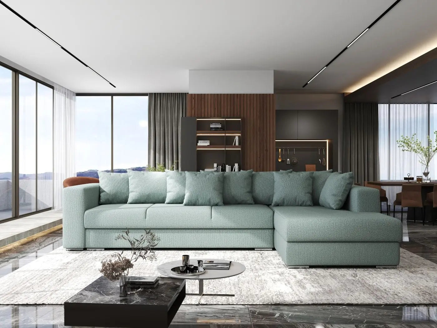 Colțar extensibil dumonde cu ladă de depozitare si sezut confortabil din spuma HR, Gloria Mint II 320x183 cm Fabrica