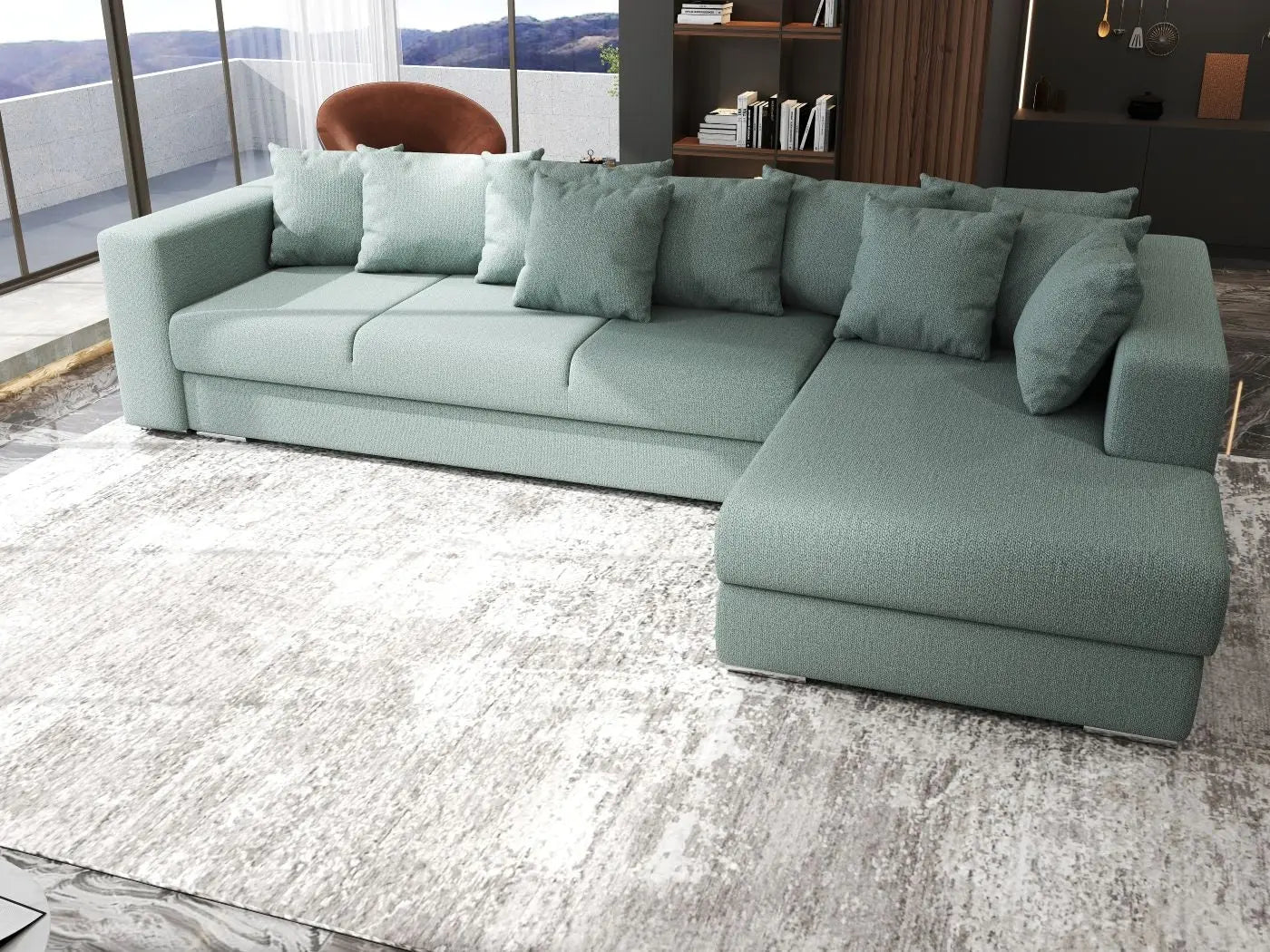 Colțar extensibil dumonde cu ladă de depozitare si sezut confortabil din spuma HR, Gloria Mint II 320x183 cm Fabrica
