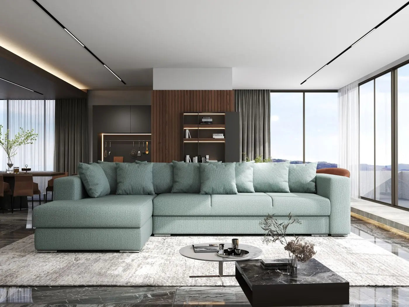 Colțar extensibil dumonde cu ladă de depozitare si sezut confortabil din spuma HR, Gloria Mint 320x183 cm Fabrica