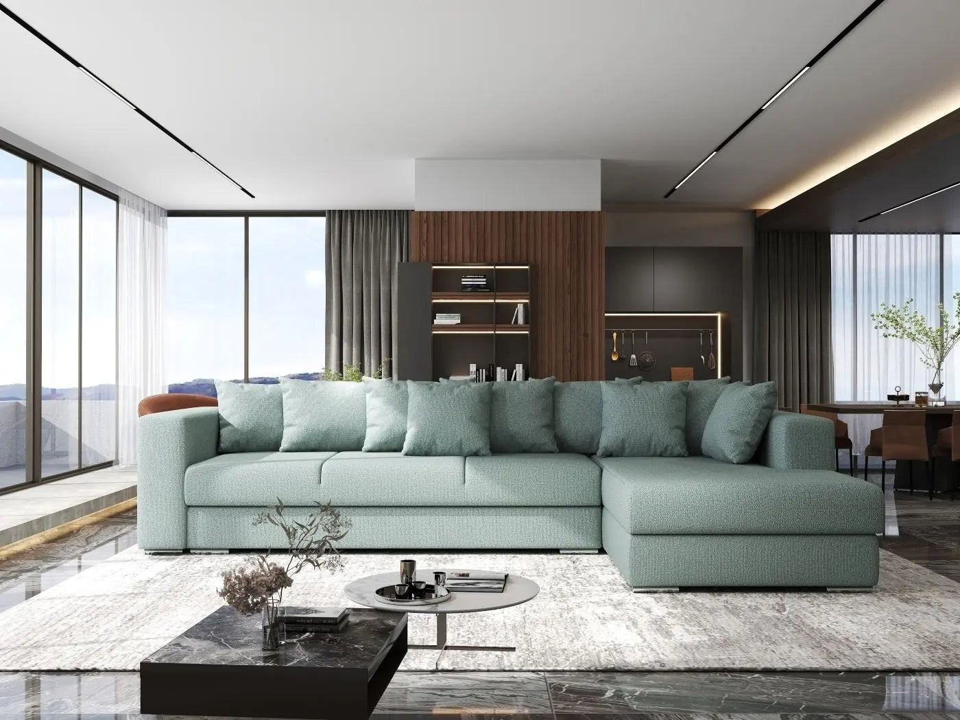 Colțar extensibil dumonde cu ladă de depozitare si sezut confortabil din spuma HR, Gloria Mint II 320x183 cm Fabrica