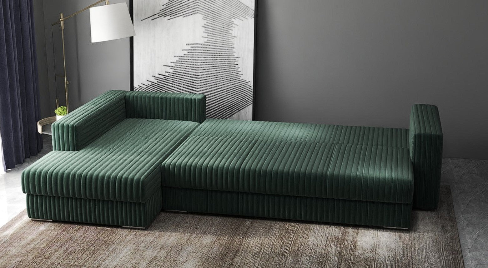 Colțar extensibil dumonde cu ladă de depozitare si sezut confortabil din spuma HR, Gloria Ambience Green 320x183 cm Fabrica