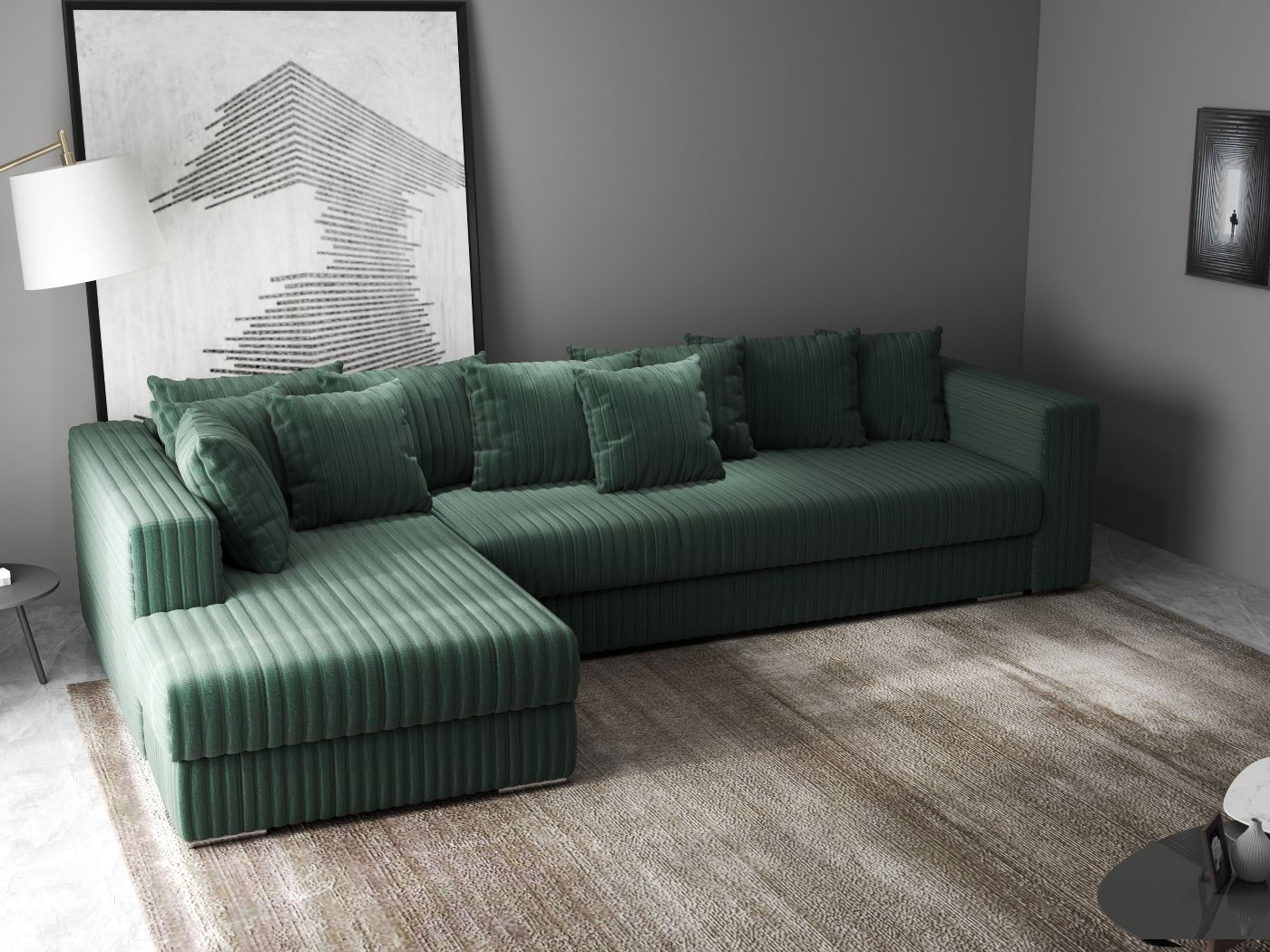 Colțar extensibil dumonde cu ladă de depozitare si sezut confortabil din spuma HR, Gloria Ambience Green 320x183 cm Fabrica