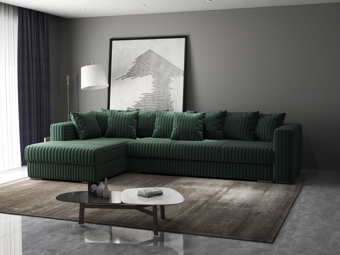 Colțar extensibil dumonde cu ladă de depozitare si sezut confortabil din spuma HR, Gloria Ambience Green 320x183 cm Fabrica