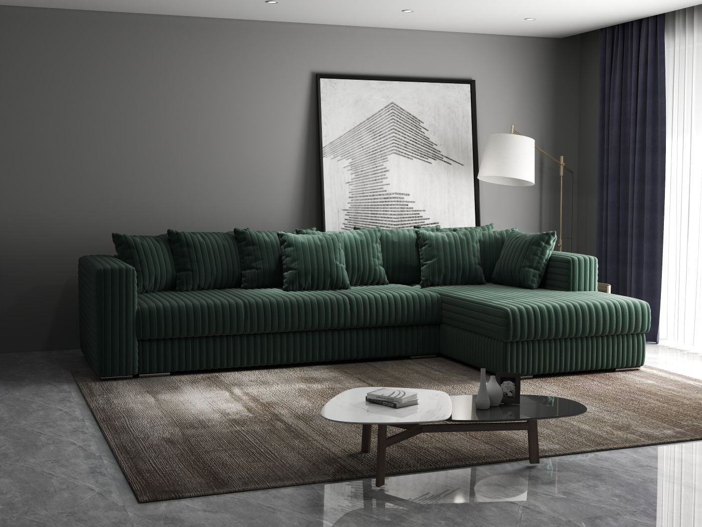 Colțar extensibil dumonde cu ladă de depozitare si sezut confortabil din spuma HR, Gloria Ambience Green II 320x183 cm Fabrica