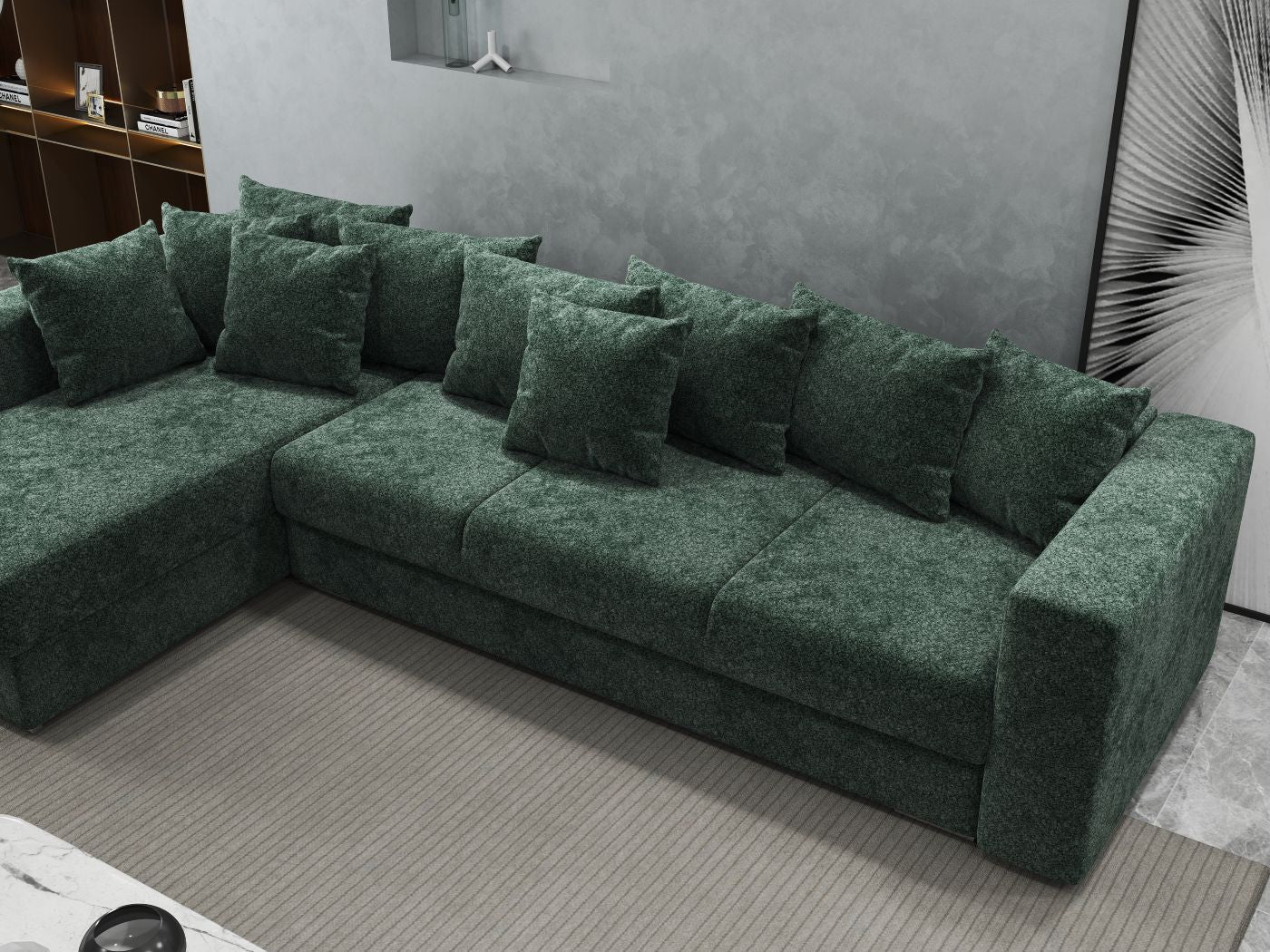 Colțar extensibil dumonde cu ladă de depozitare si sezut confortabil din spuma HR, Gloria Euphoria Green 320x183 cm Fabrica