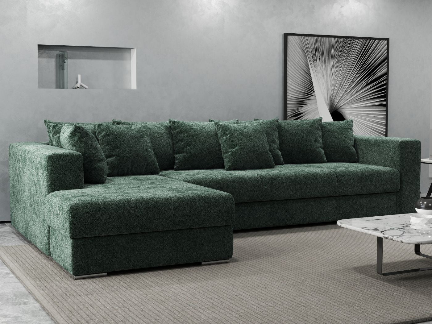 Colțar extensibil dumonde cu ladă de depozitare si sezut confortabil din spuma HR, Gloria Verde Euphoria 320x183 cm Fabrica