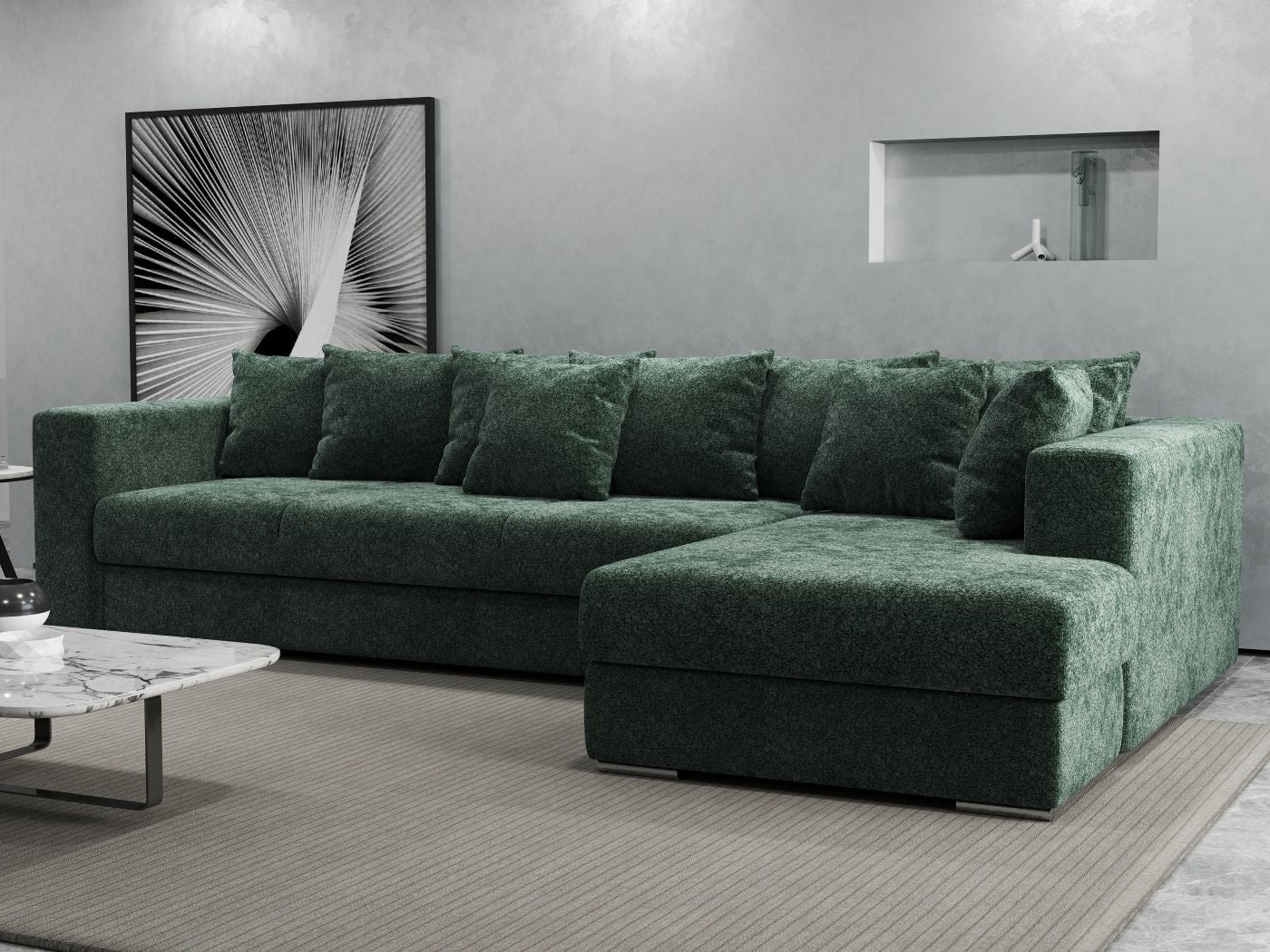 Colțar extensibil dumonde cu ladă de depozitare si sezut confortabil din spuma HR, Gloria Verde Euphoria II 320x183 cm Fabrica