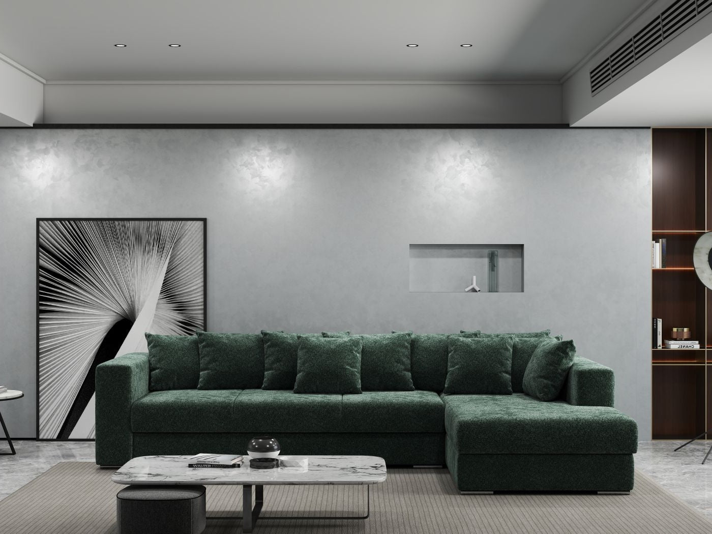 Colțar extensibil dumonde cu ladă de depozitare si sezut confortabil din spuma HR, Gloria Euphoria Green II 320x183 cm Fabrica