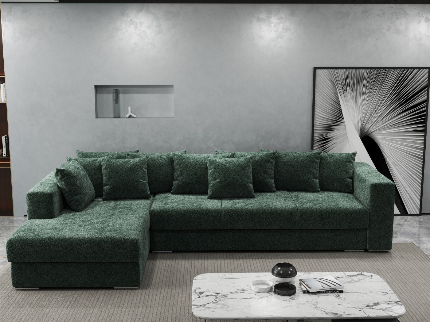 Colțar extensibil dumonde cu ladă de depozitare si sezut confortabil din spuma HR, Gloria Euphoria Green 320x183 cm Fabrica