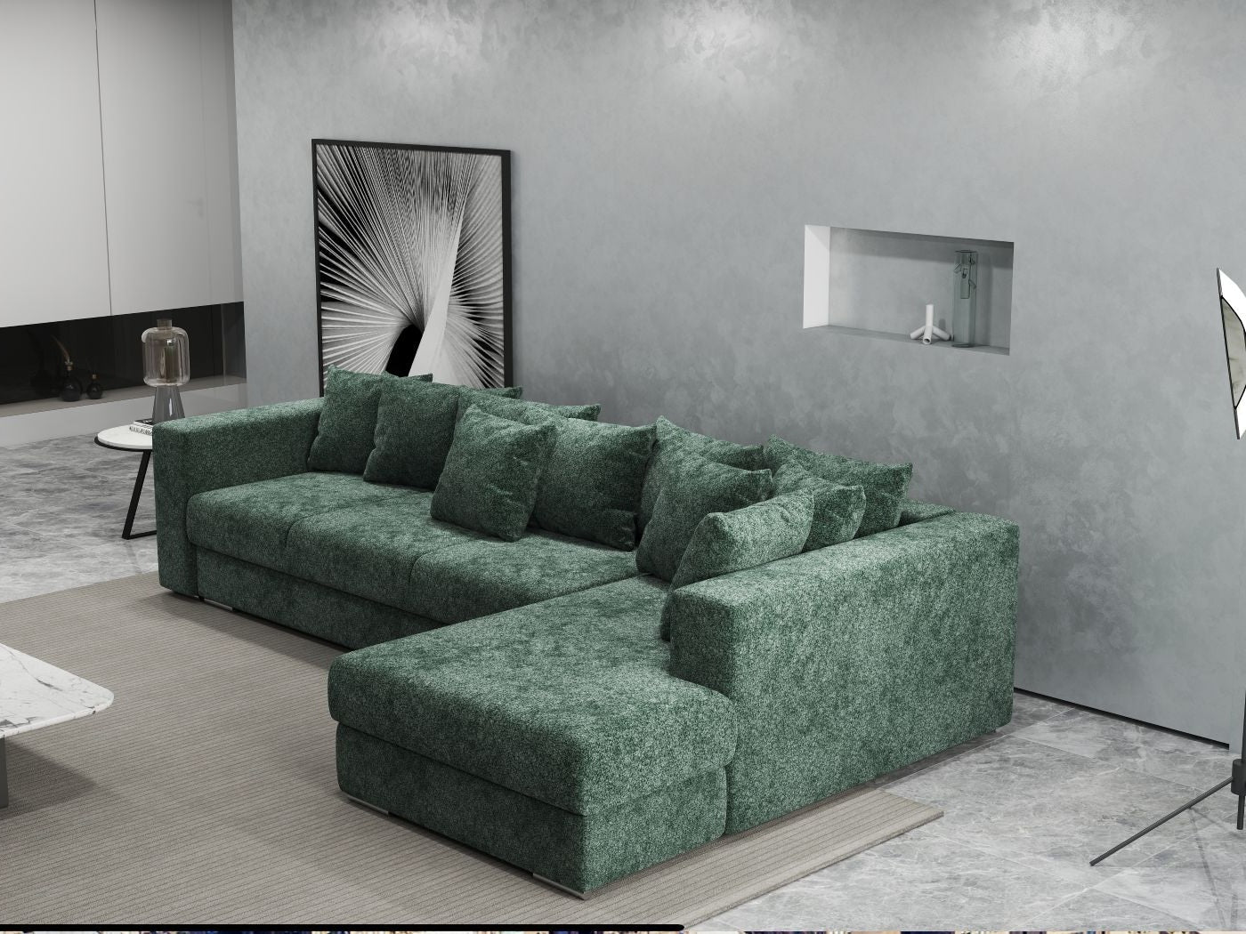 Colțar extensibil dumonde cu ladă de depozitare si sezut confortabil din spuma HR, Gloria Euphoria Green II 320x183 cm Fabrica