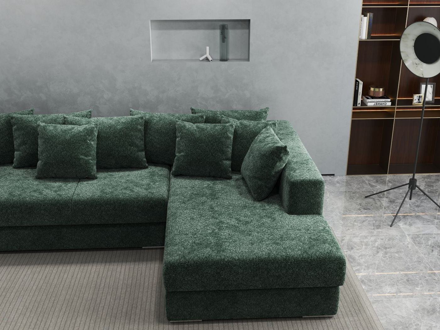Colțar extensibil dumonde cu ladă de depozitare si sezut confortabil din spuma HR, Gloria Euphoria Green II 320x183 cm Fabrica