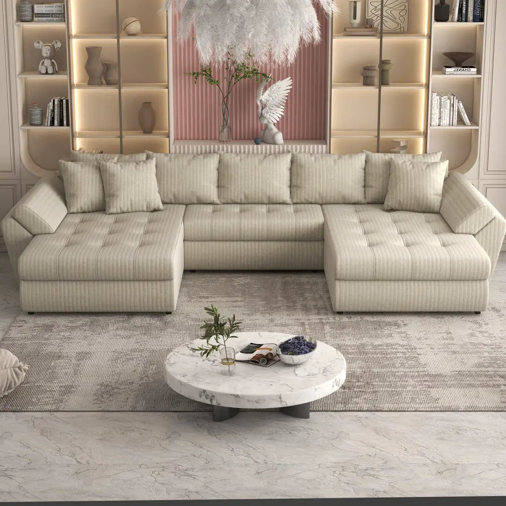 Colțar extensibil dumonde cu ladă de depozitare si sezut confortabil din spuma high-density, Loana Ambience bej U 355x185 cm