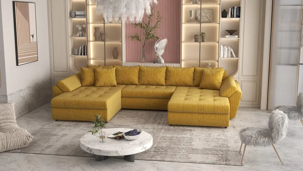 Colțar extensibil dumonde cu ladă de depozitare Loana Ambience mustar U 375x185 cm