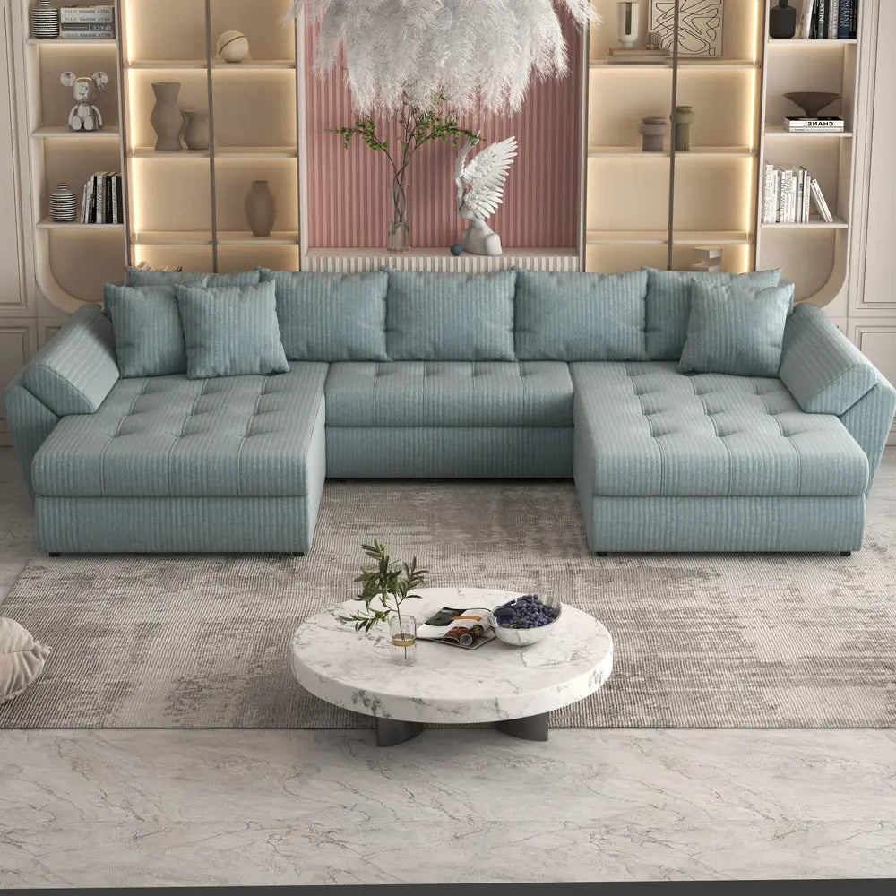 Colțar extensibil dumonde cu ladă de depozitare si sezut confortabil din spuma high-density, Loana Ambience verde deschis U 355x185 cm