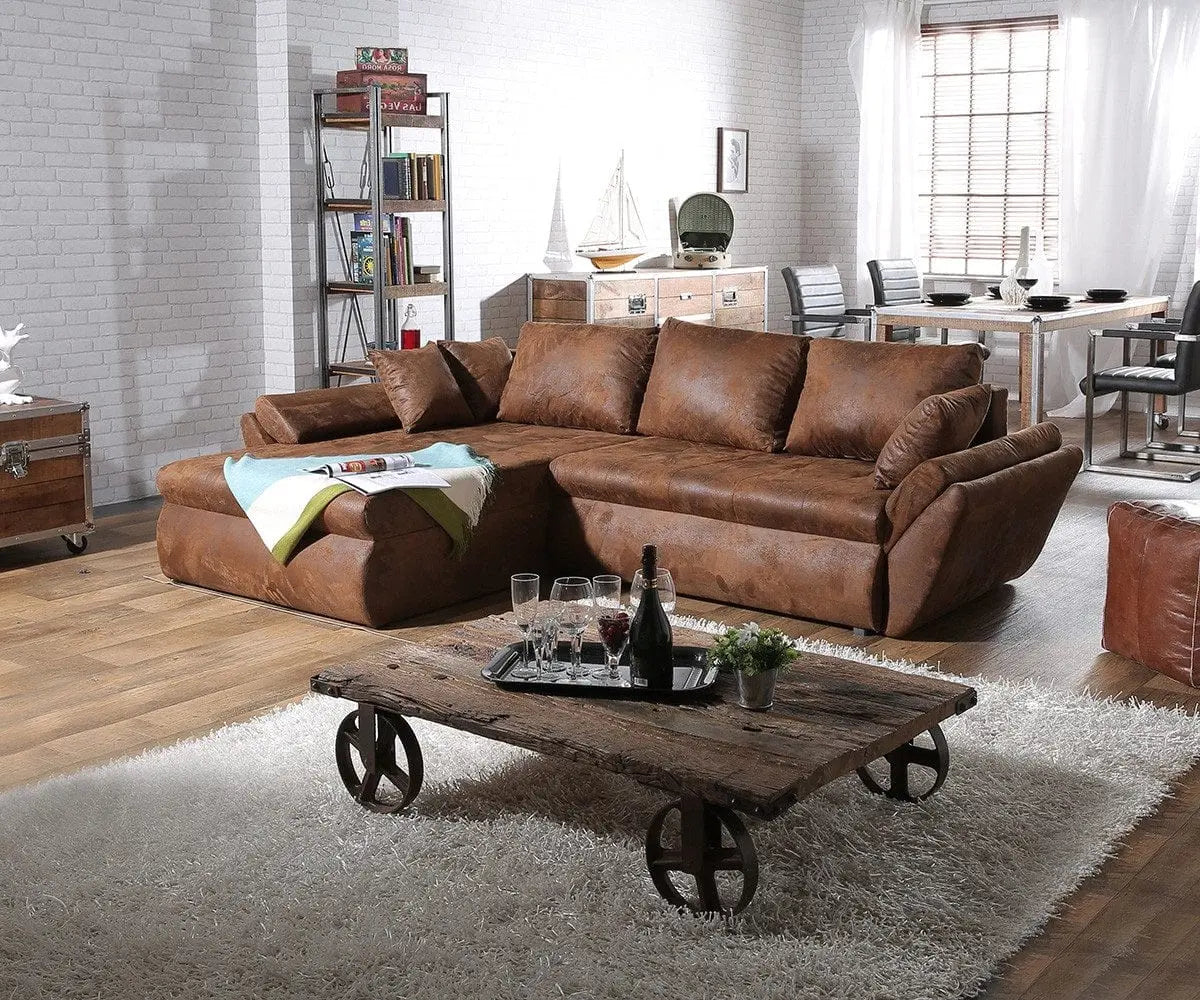 Colțar extensibil dumonde cu ladă de depozitare si sezut confortabil din spuma HR, Loana Brown II 270x185 cm