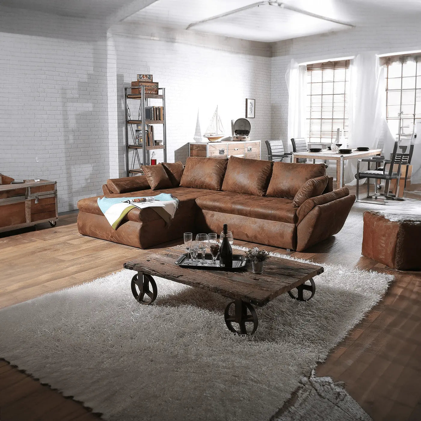 Colțar extensibil dumonde cu ladă de depozitare si sezut confortabil din spuma HR, Loana Madagaskar Brown II 270x185 cm