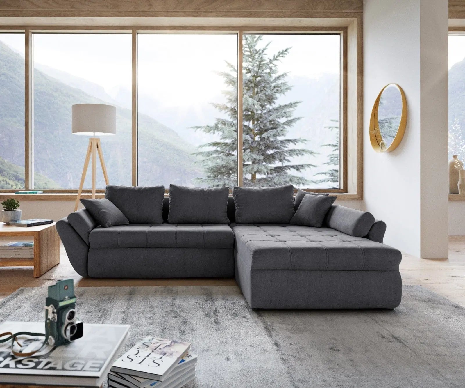 Colțar extensibil dumonde cu ladă de depozitare si sezut confortabil din spuma HR, Loana Enjoy Grafit II 270x185 cm