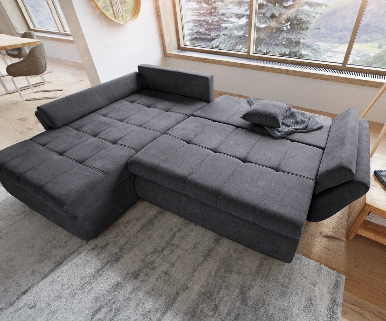 Colțar extensibil dumonde cu ladă de depozitare si sezut confortabil din spuma HR, Loana Enjoy Grafit 270x185 cm