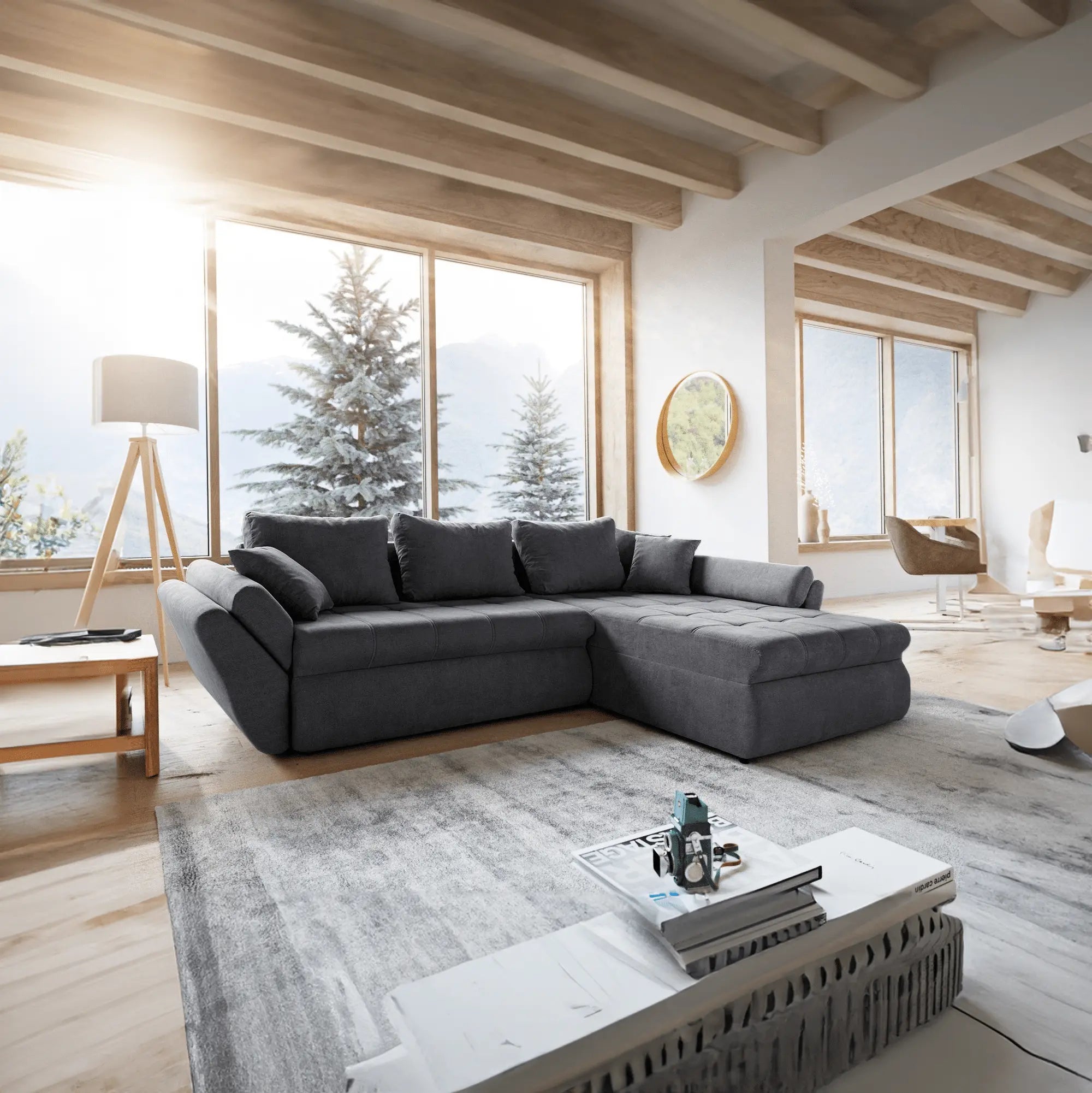 Colțar extensibil dumonde cu ladă de depozitare si sezut confortabil din spuma HR, Loana Enjoy Grafit II 270x185 cm