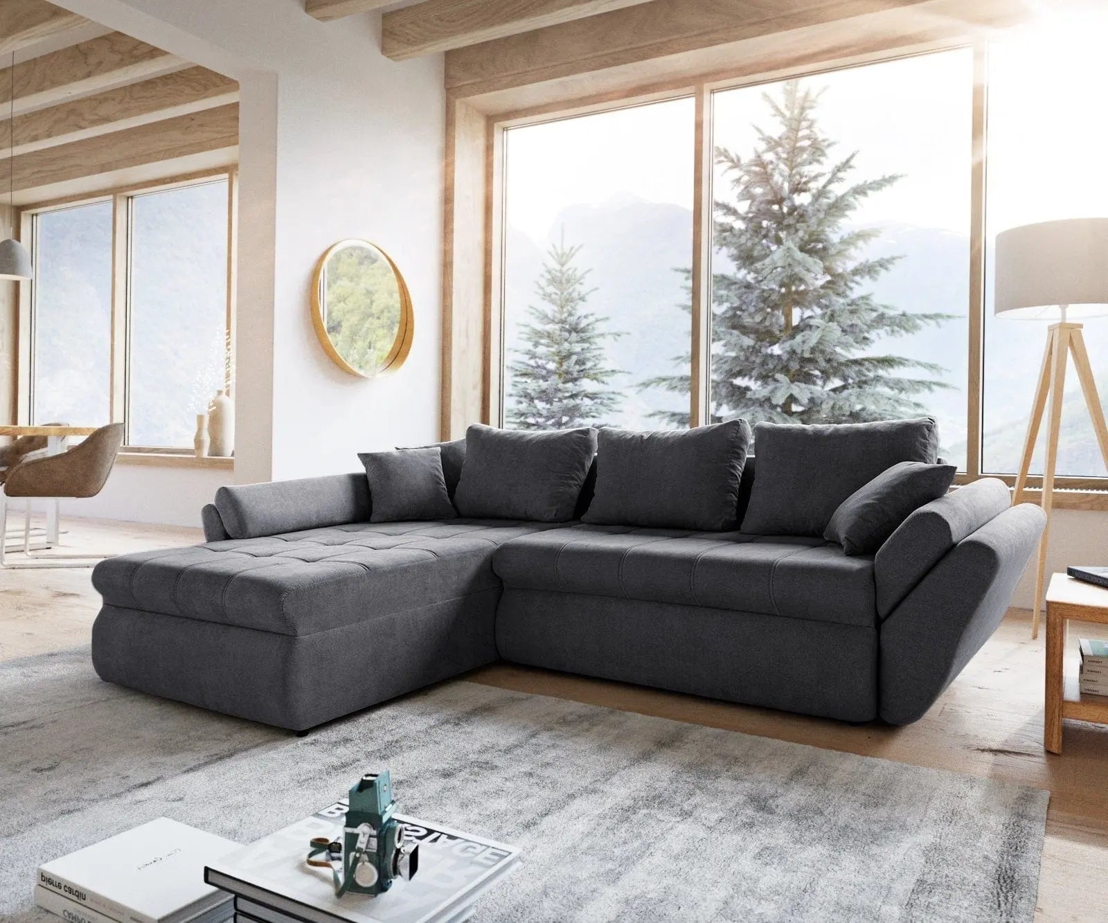 Colțar extensibil dumonde cu ladă de depozitare si sezut confortabil din spuma HR, Loana Enjoy Grafit 270x185 cm