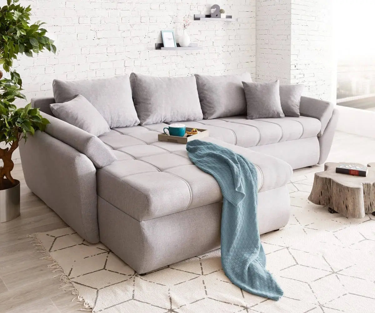 Colțar extensibil dumonde cu ladă de depozitare si sezut confortabil din spuma HR, Loana Grey 270x185 cm Fabrica