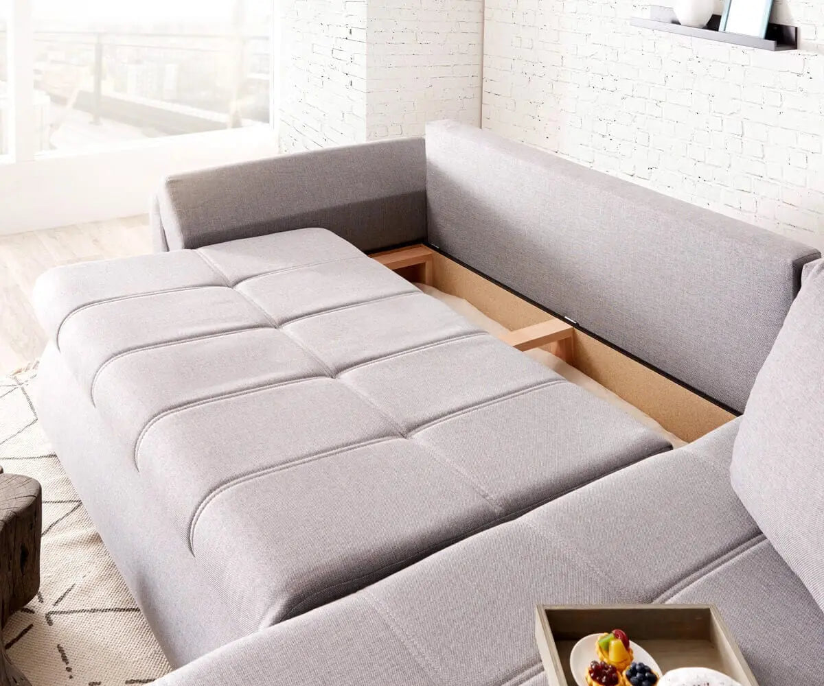 Colțar extensibil dumonde cu ladă de depozitare si sezut confortabil din spuma HR, Loana Enjoy Grey II 270x185 cm