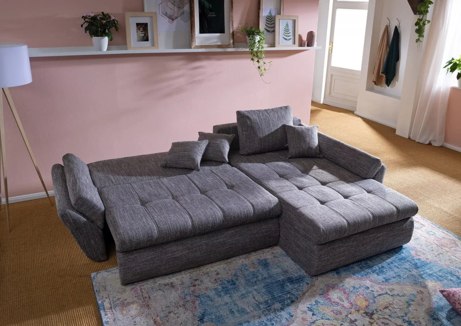 Colțar extensibil dumonde cu ladă de depozitare si sezut confortabil din spuma HR, Loana Magma Grey II 270x185 cm